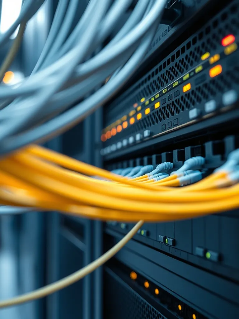 Close up of high speed fiber optic cables connected to a net