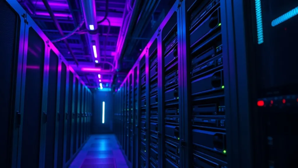 Industrial high-tech server room with blue and purple ambien