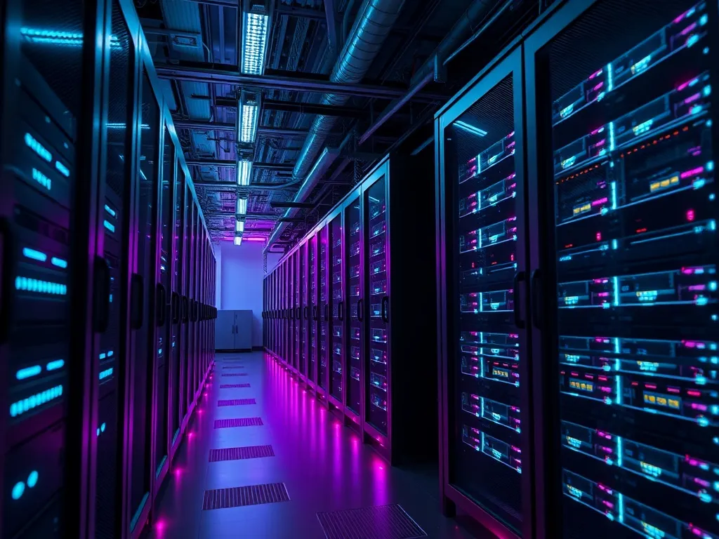 High-tech server room with glowing cyan and lavender lights,