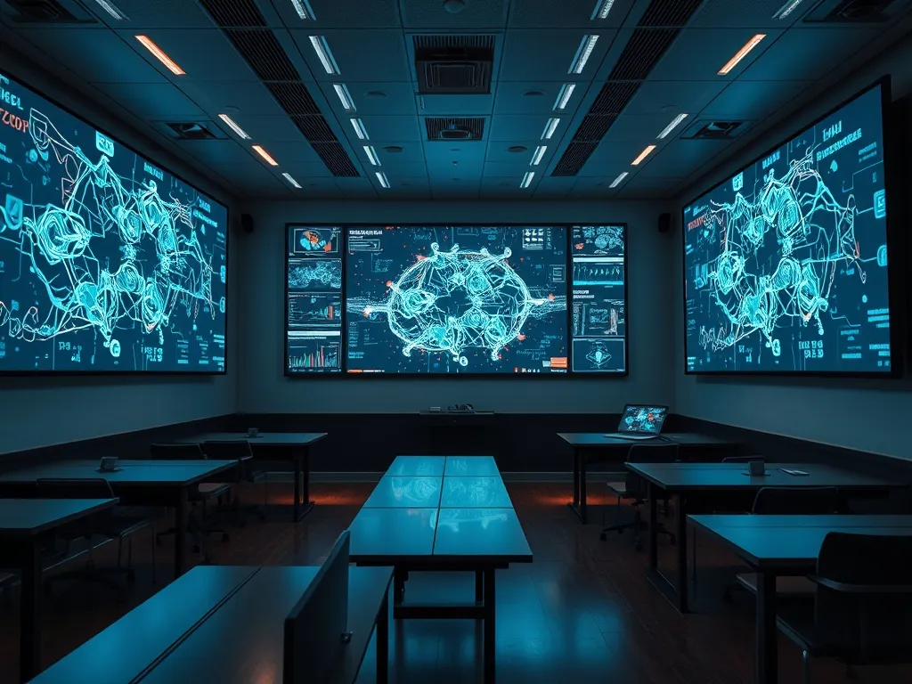 High-tech classroom with digital screens showing abstract ne
