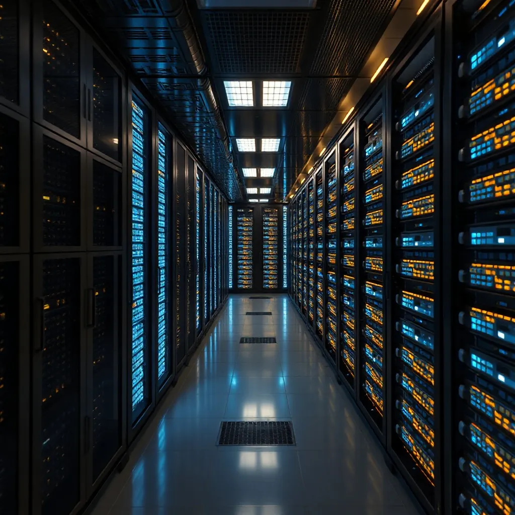 A high-tech server room with glowing blue and gold lights, f